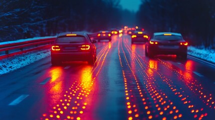 Aufkleber - Vehicles travel on a slick road covered with rain, leaving bright trails of light as dusk settles around them. The atmosphere highlights connectivity and advanced mobility.