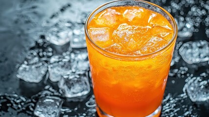 Poster - Glass of freshly squeezed carrot juice with ice cubes 