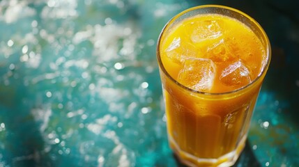 Poster - Glass of freshly squeezed carrot juice with ice cubes 