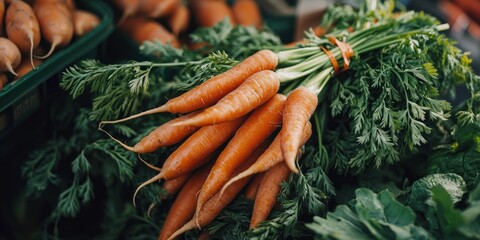 Poster - Group of fresh carrots in a bundle with leafy tops 