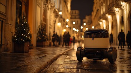 Poster - A robotic delivery vehicle moves through a busy urban street at night, surrounded by pedestrians and illuminated storefronts. The scene highlights modern transportation advancements.