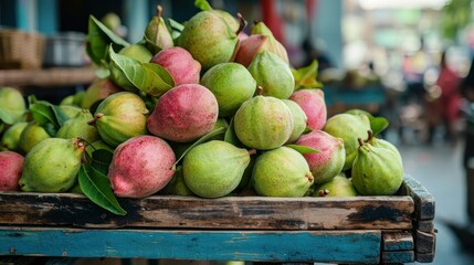 Poster - Guava fruits on a wooden cart at a vibrant tropical market 