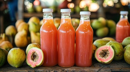 Poster - Guava juice bottles arranged on a wooden table at an open-air farmerâ€™s market. 