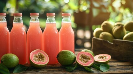 Poster - Guava juice bottles arranged on a wooden table at an open-air farmerâ€™s market. 