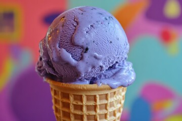 Poster - Delightful purple ice cream in a waffle cone against a colorful background
