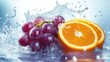 © Johannes - A juicy grape and orange being splashed with water in a splash pool, highlighting the vibrant colors and textures of the fruits illustration