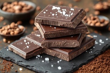 Aufkleber - Dark chocolate squares with salt on a textured slate surface surrounded by cocoa nibs and powder