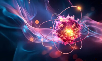Poster - exploring the beauty of atomic structures with vibrant colors and dynamic energy patterns in a capti
