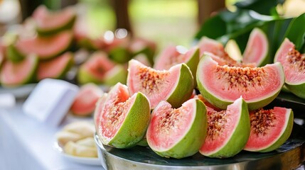 Poster - Guava slices displayed at a buffet table during an outdoor tropical event 