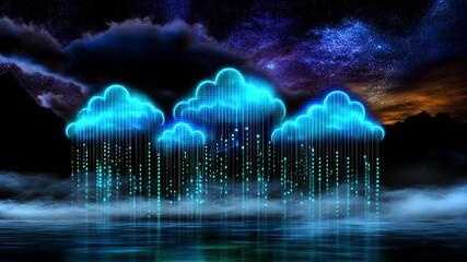Fototapete - Vibrant blue clouds release streams of digital data in a futuristic setting