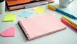 © DITSARAPHAN - High angle view of colorful notebook, pens and sticky notes on white desk, organization, colorful, stationary