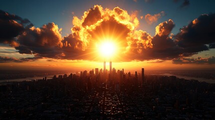 Poster - Aerial view of a stunning city skyline at sunset with vibrant colors and dramatic clouds creating a breathtaking, fiery atmosphere above urban landscape