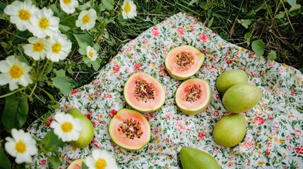 Poster - Guava slices laid out on a picnic blanket in a field surrounded by wildflowers and greenery. 