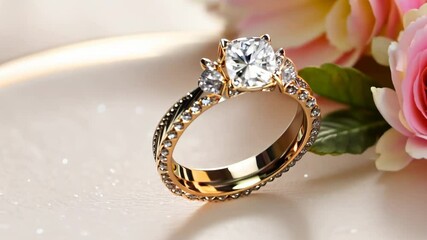 Poster - A gold and diamond ring with a rose on the side. The rose is pink. The ring is on a white plate