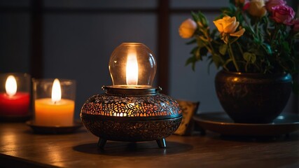Poster - warm flickering light from ornate lamp and candles adds cozy ambiance to indoor arrangement with flo