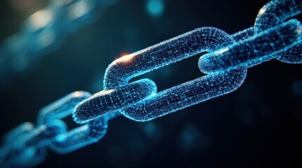 Aufkleber - Close-up view of a glowing blue chain link symbolizing security and connection through a digital network of interconnected points representing blockchain technology