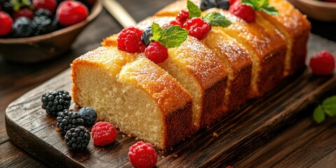 Poster - Moist pound cake displayed on a wooden board. 
