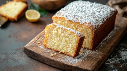 Poster - Moist vanilla cake on a wooden board. 