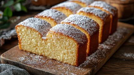 Poster - Moist vanilla cake on a wooden board. 