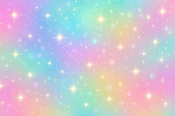 Poster - Magical pastel sky background features a dreamy blend of pink, blue, and green hues, adorned with twinkling stars and glittering particles, creating a whimsical and enchanting atmosphere