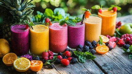 Poster - Multiple smoothies arranged on a picnic table with a variety of garnishes and bright summer vibes. 