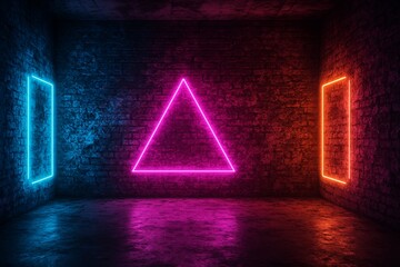 Poster - Pink triangle and blue and orange rectangle neon lights are glowing on a dark grunge brick wall in an empty room with reflective floor, creating a vibrant and futuristic atmosphere