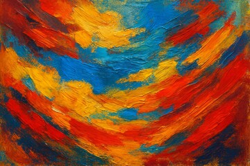 Poster - Colorful impasto oil painting featuring an abstract background filled with vibrant brushstrokes in rich red, orange, yellow, and blue hues, creating a dynamic visual experience