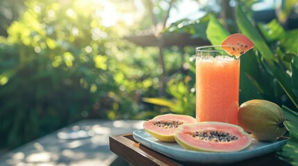 Poster - Pink guava slices served on a tray alongside a refreshing tropical juice in a garden 