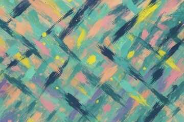 Poster - Colorful abstract painting background featuring intersecting brushstrokes in teal, pink, yellow, and dark blue, creating a dynamic and textured visual with paint splatters adding an artistic touch