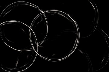 Poster - Intertwining glowing white circles create a striking modern and abstract design against a black background, establishing an elegant and minimalist composition filled with dynamic energy