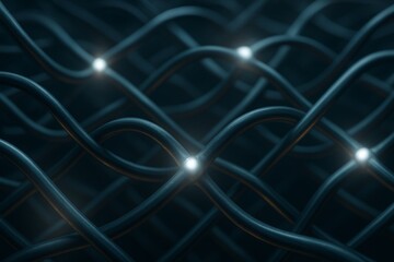 Poster - Intertwined cables forming a network mesh transmit data through glowing nodes, symbolizing interconnectedness and information flow in a technological or abstract context