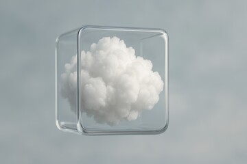 Poster - Glass cube encapsulating a fluffy white cloud, floating against a vibrant blue background, symbolizing cloud computing, data storage, and cutting-edge technology