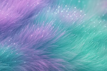 Poster - Soft, fluffy fur in vibrant shades of turquoise and purple, adorned with sparkling particles, creates a whimsical and dreamy background, perfect for fantasy or fashion-themed projects
