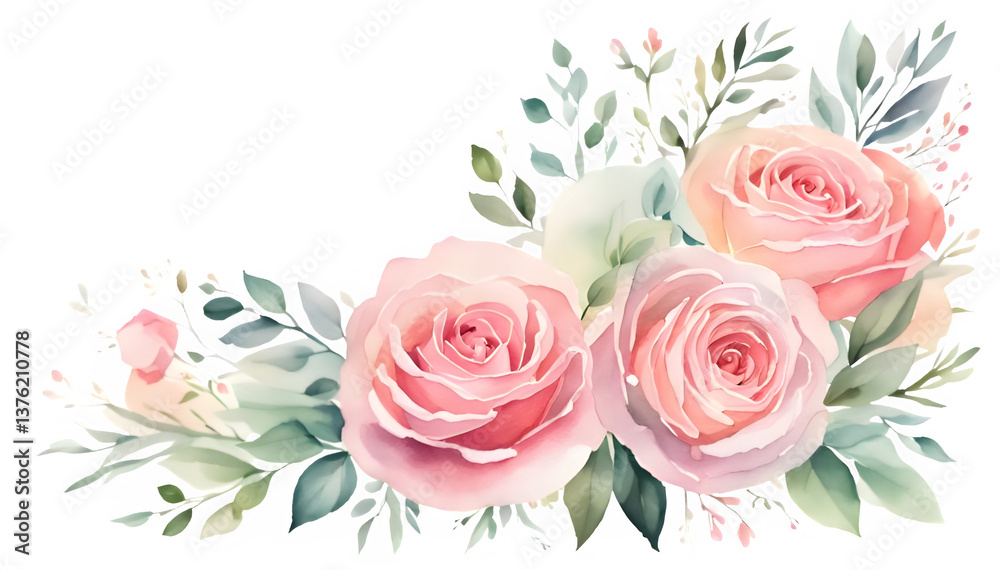 Watercolor Pink Roses Bouquet clipart, Elegant Floral Corner ...