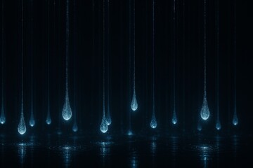 Poster - Particle streams are forming glowing digital rain drops falling on a dark reflective surface and creating ripples, a futuristic abstract background