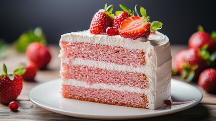Poster - Slice of strawberry cake on a white plate. 
