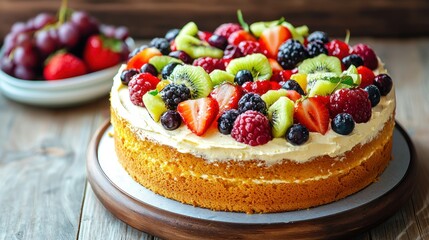 Aufkleber - Sponge cake with fresh fruit garnish.