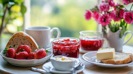 Poster - Strawberry jam displayed on a dining table with bread, butter, and coffee cups for breakfast. 