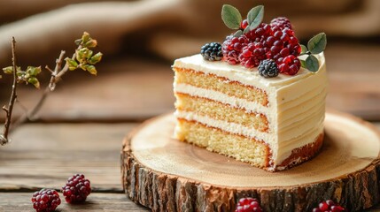 Poster - Textured cake slice displayed on wood 