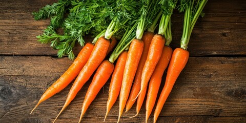 Poster - Vibrant carrots grouped together in a bunch on rustic table 
