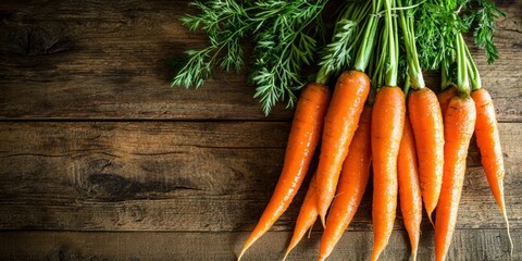 Poster - Vibrant carrots grouped together in a bunch on rustic table 