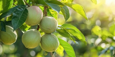 Poster - view of guava fruits hanging from the branches of a tree, leaves gently swaying in the breeze.