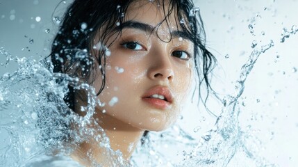 Poster - Young woman with flowing hair surrounded by splashes of water in a creative artistic portrait