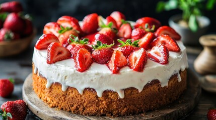 Aufkleber - Whole cake topped with glazed strawberries. 