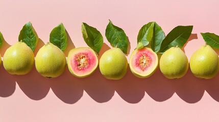 Poster - Whole guavas placed in a row on a wide pastel backdrop, with shadows casting softly. 