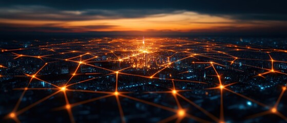 Poster - Expansive Cityscape Bathed in Sunset Glow with Interconnected Digital Network Nodes Representing Urban Smart Technologies and Infrastructure Development