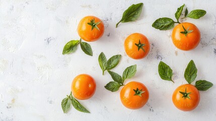 Poster - Whole tomatoes with attached leaves on white surface 