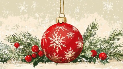 Wall Mural - vintage red christmas ornament with holly snowflakes merry christmas holiday decoration illustration