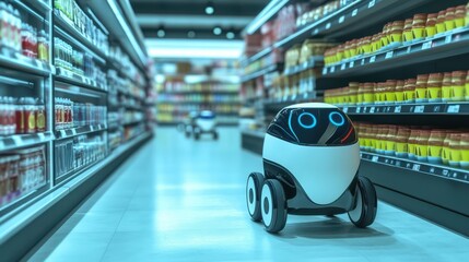Poster - Autonomous Shopping Robots in Supermarket Aisle. illustration