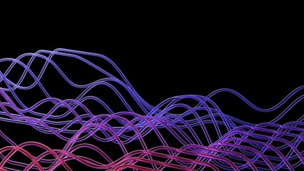 Poster - 3d rendering abstract Waves Of Translucent Curved Lines Flowing on Dark background, Transparent glossy glass with dispersion.
